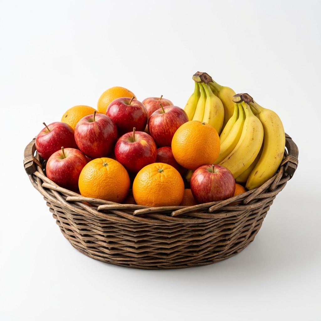 Fresh fruits basket featuring apples, oranges, and bananas