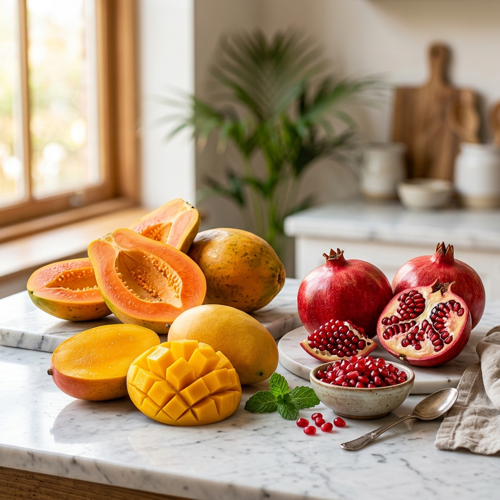 Mixed tropical fruits including mangoes, pomegranates, and papayas