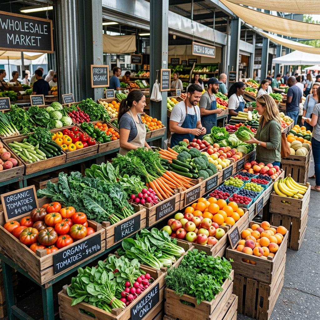 Wide display of wholesale fresh produce at APMC market