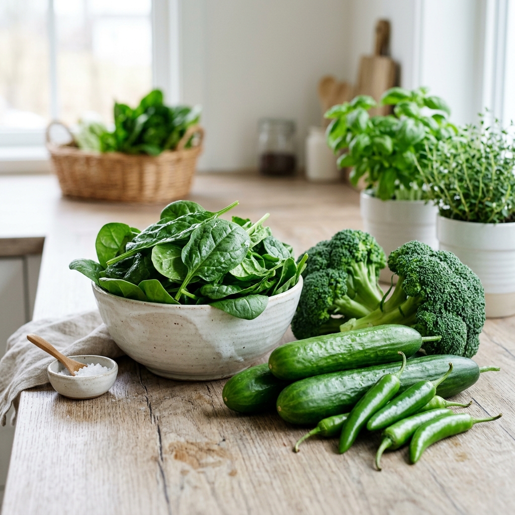 Vibrant green vegetables including spinach, cucumbers, and chilies