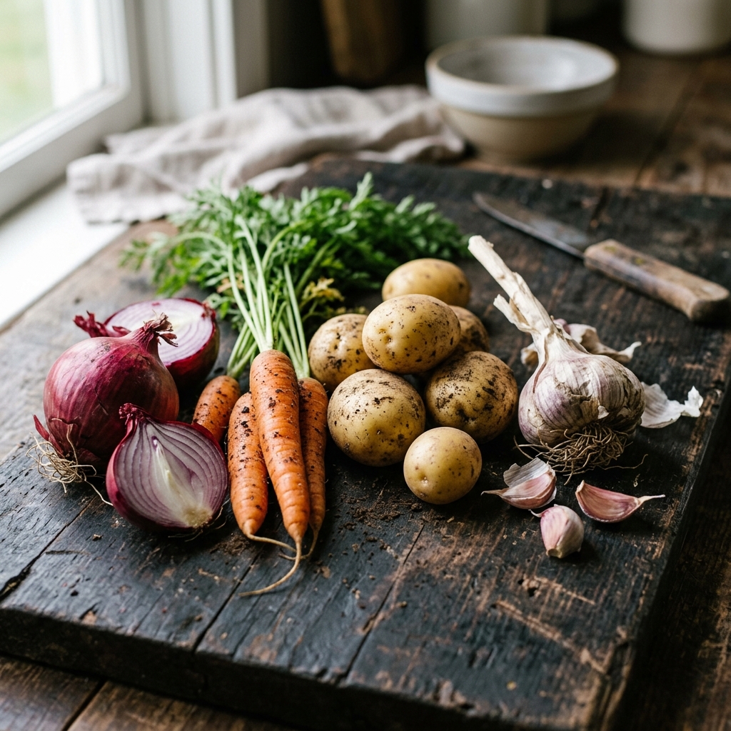 Earthy root vegetables including onions, garlic, potatoes, and carrots